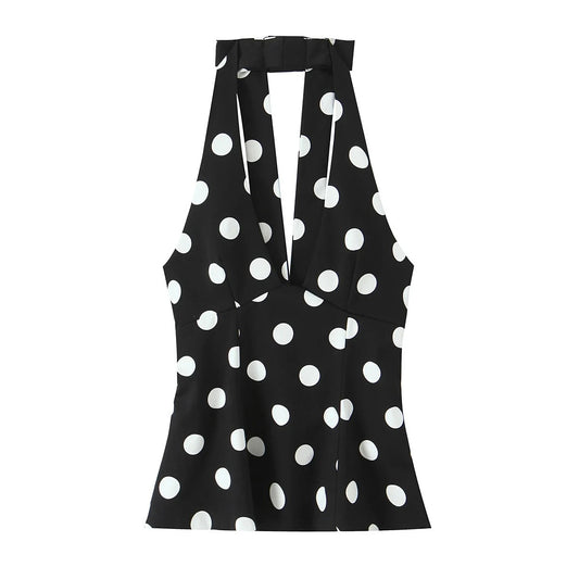 Women's Clothing Bowknot V-neck Sleeveless Slim Fit Polka Dot Halter Neck Top