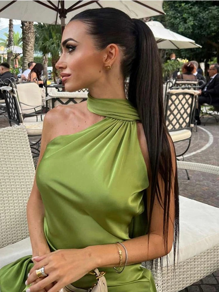 Sexy Satin Ribbon Party Dress-Elegant Halter Backless Off Shoulder