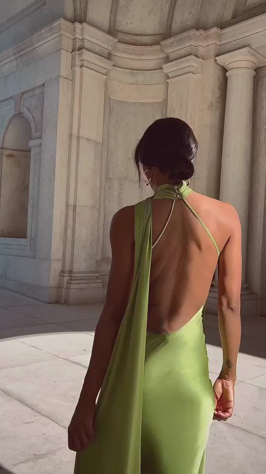 Sexy Satin Ribbon Party Dress-Elegant Halter Backless Off Shoulder